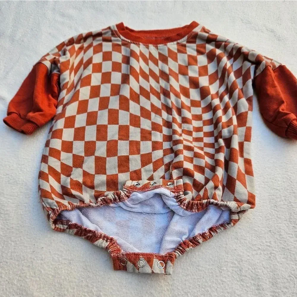 Brixton Phoenix Wavy Checker Rust and Tan Bubble Romper 12-18M